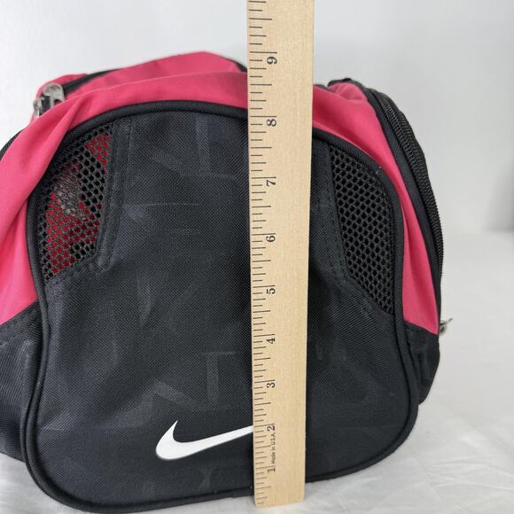 Nike Small Duffel Gym Bag Pink Black Shoulder Strap Swoosh Logo Polyester Sports - Picture 10 of 10